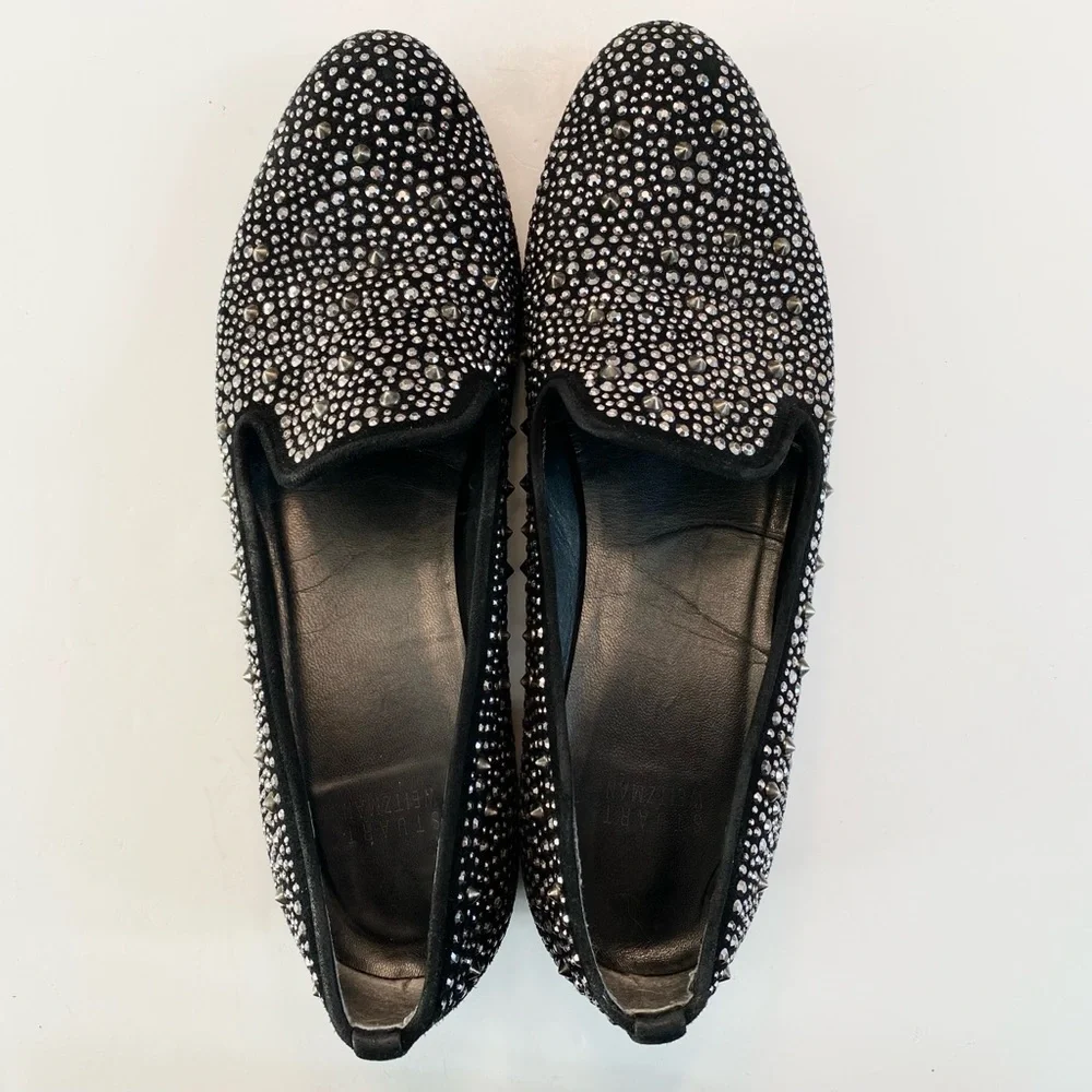 Stuart Weitzman Slipbead Studded Stud Loafer Smoking Slipper Black Silver Sz 8